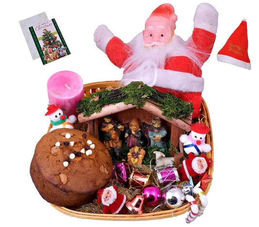 MANTOUSS Christmas Plum Cake Gift Hamper/Basket -Christmas Plum Cake(300gms),Christmas Nativity Jesus Family Statue, Santa Clause,scenetd Candle,Christmas Card,Christmas Tree Decoration Set,Santa Cap - HalfPe