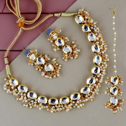 LUCKY JEWELLERY Back Meenakari 18k Gold Plated White Color Tika Earring Combo Uncut Big Faux Kundan Choker Necklace set (gold plated beads) - HalfPe