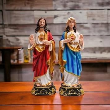 KariGhar Resin Sacred Heart of Jesus and Mother Mary Statue for Altar, Multicolor, 5 x 7 x 22 cm - HalfPe