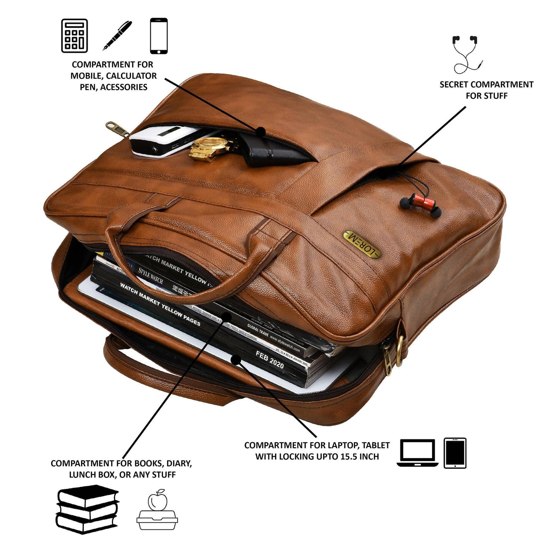 LOREM Stylish Tan Faux Leather 10L Laptop Messenger Bag for Men & Women - HalfPe