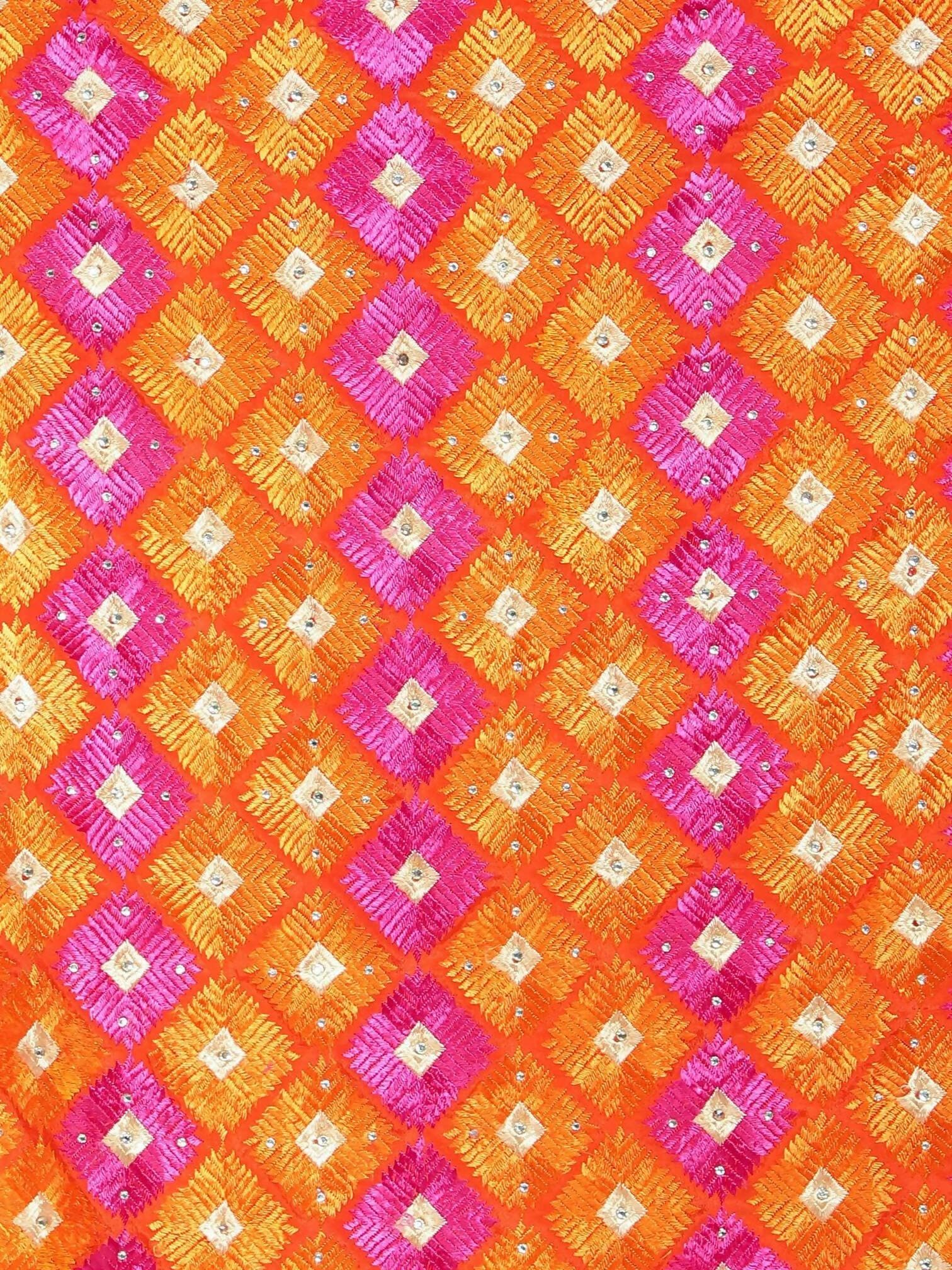 Multicolour Phulkari Dupatta (Orange and Magenta) - HalfPe