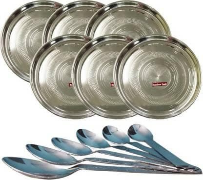 SHINI LIFESTYLE Stainless Steel Dinner Plate With Spoons (Pack of 6) - HalfPe