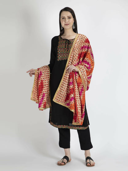 Multicolour Phulkari Dupatta with Mirror Work(red) - HalfPe