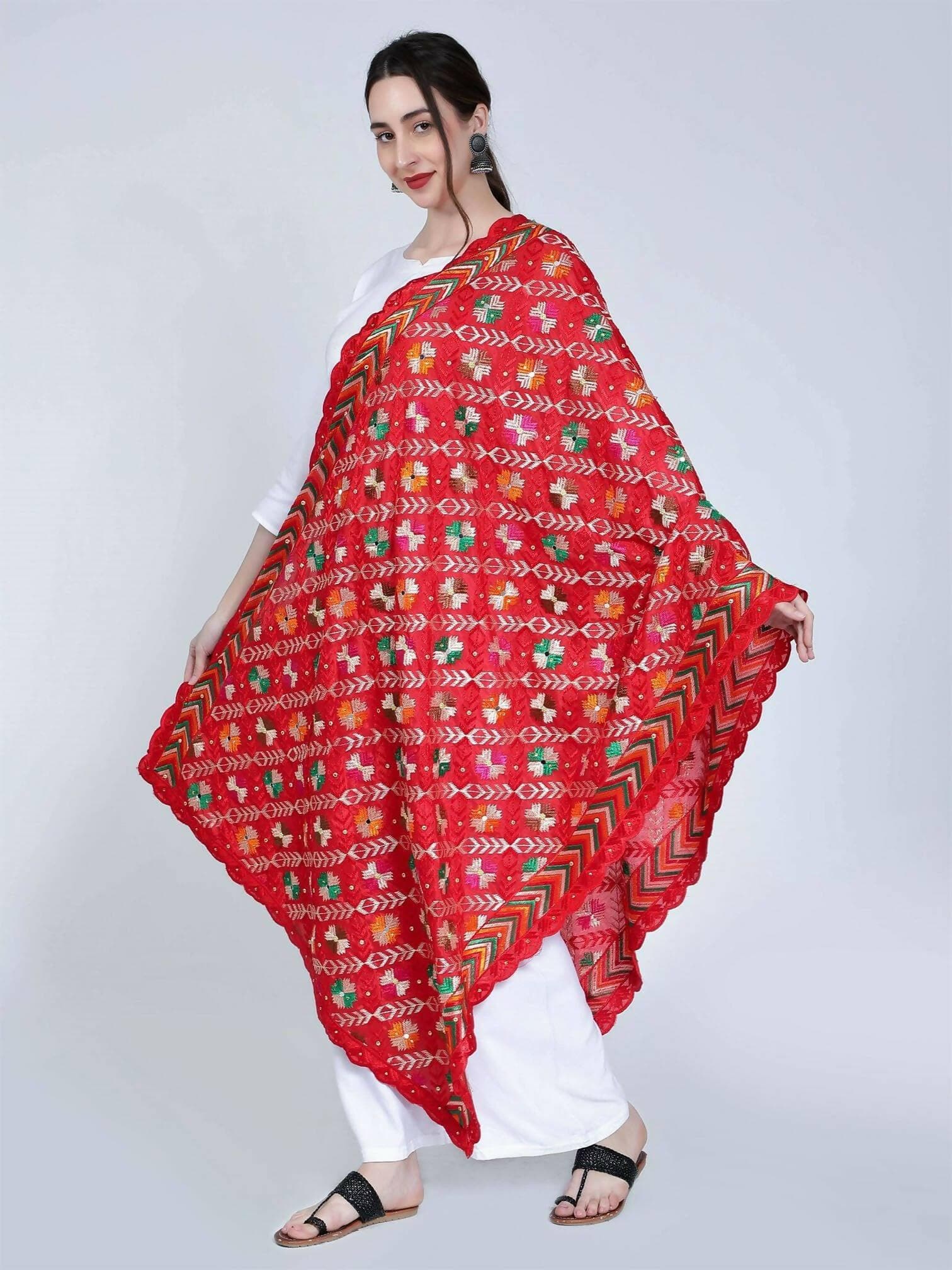 Phulkari dupatta with mirror work (Red, multicolor design) - HalfPe