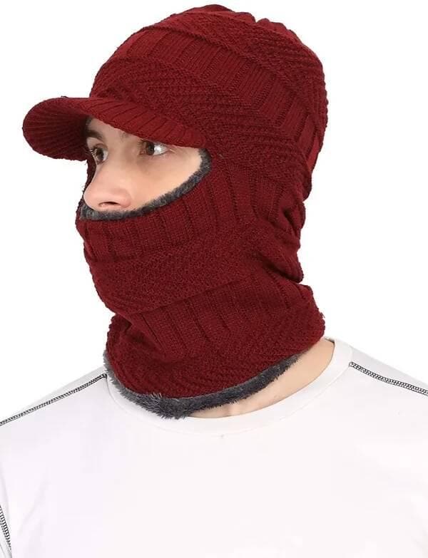 Red unisex acrylic woolen balaclava, beanie/skull cap & muffler for winters with faux fur lining - HalfPe