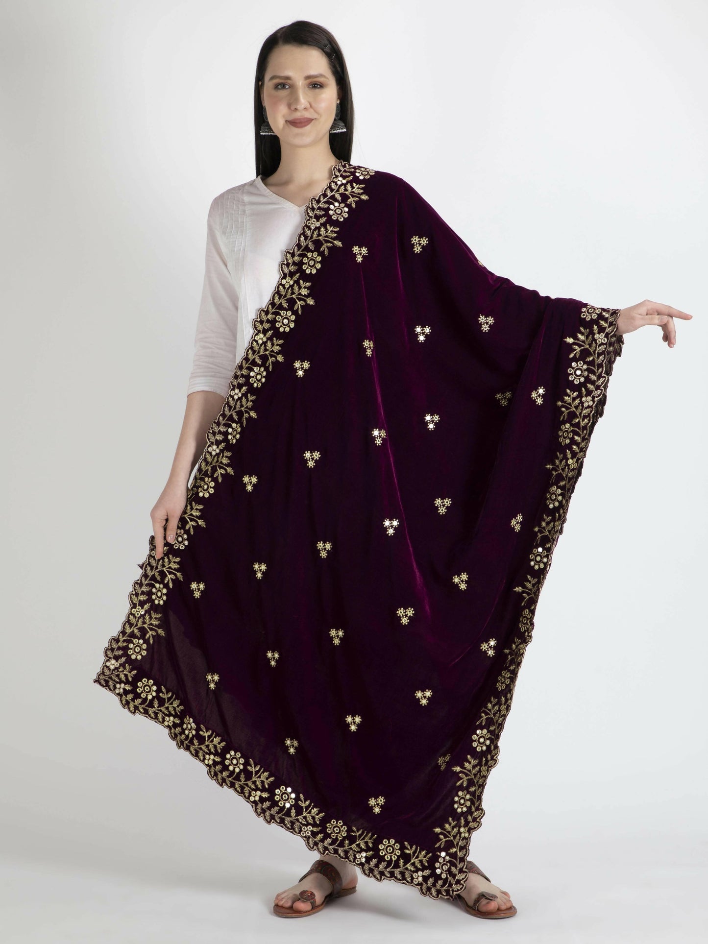 Brown Embroidered Velvet Shawl Dupatta For Women - HalfPe