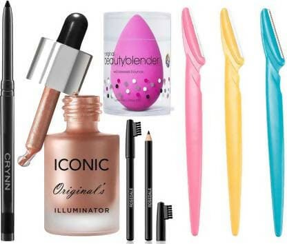 Crynn Rosedale Ultimate Kajal & Iconic Shine Illuminator Highlighter & Glazed Glam Black Eyebrow Pencil & Beauty Blender Sponge Puff (5 Items in the set) - HalfPe