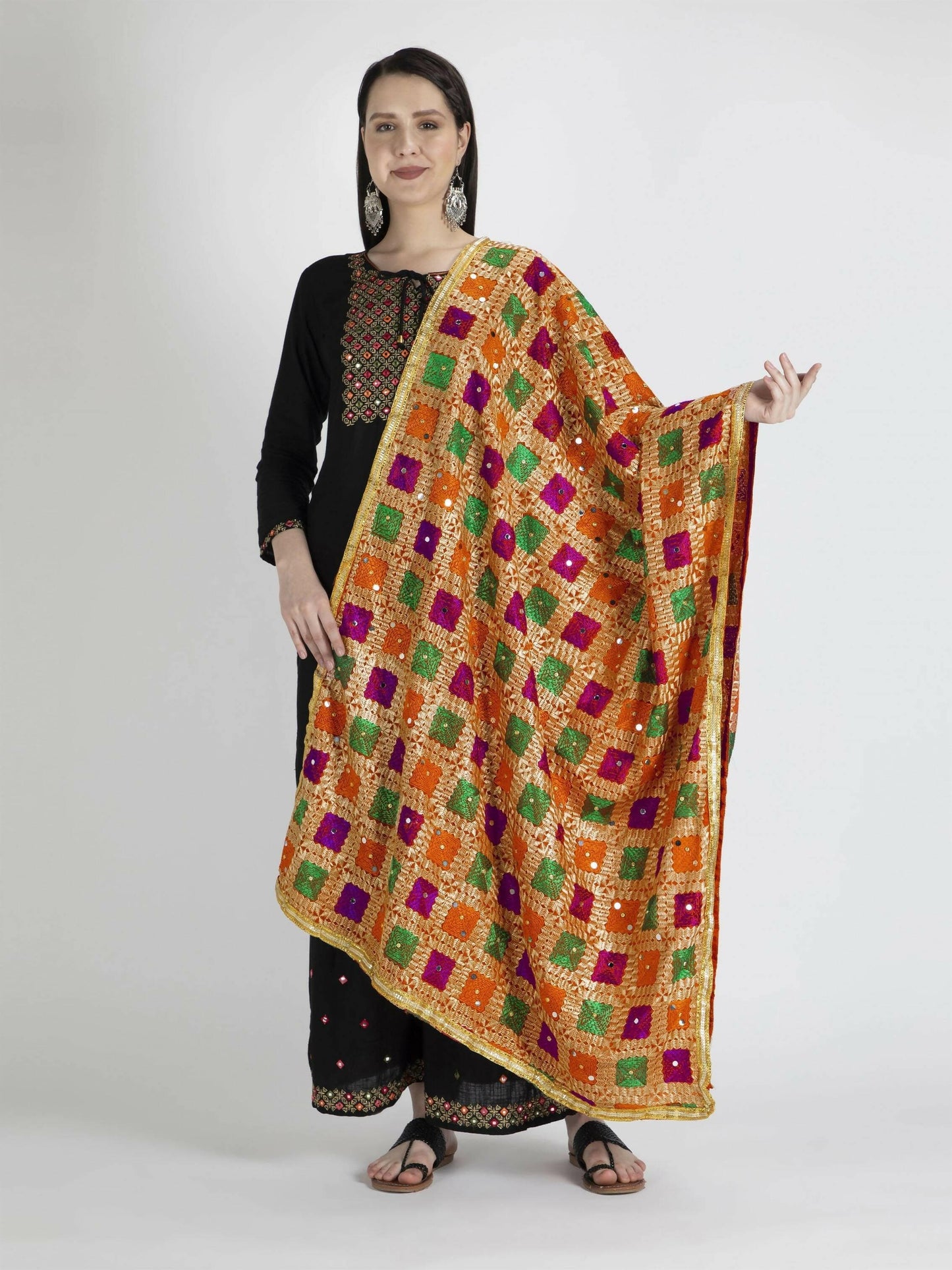 Phulkari Dupatta with Mirror Work (multi color designs) - HalfPe