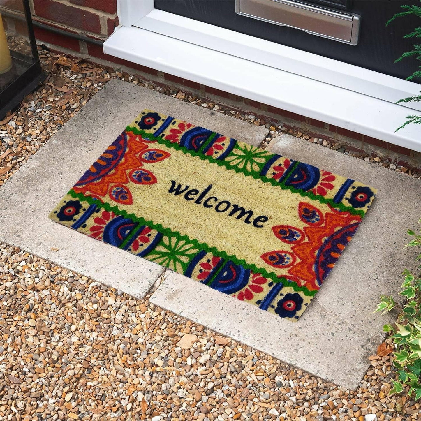 Mats Avenue Coir Door Mats with Rubber Backing Multicolor (40x60 cm ) Flower and Leaf Welcome (Set of 2) - HalfPe