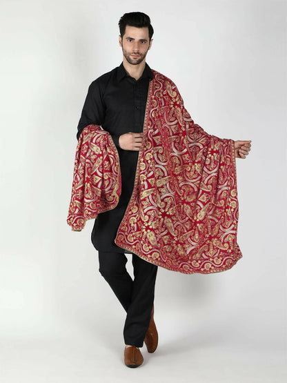 Red and Gold Paisley Patterned Embroidered Velvet Shawl - HalfPe