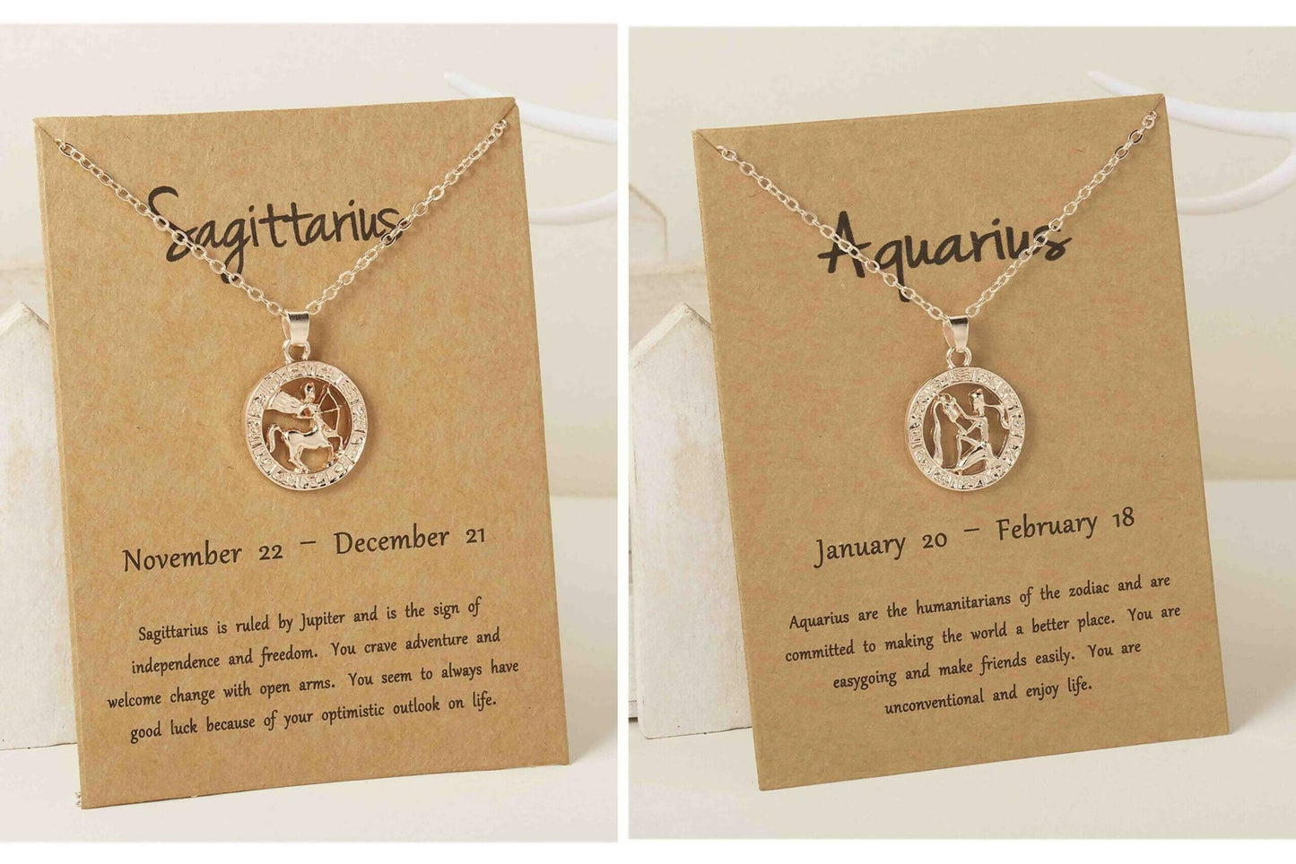 Pinapes Zodiac Necklace Gold Plated Coin Like Circle Sagittarius And Aquarius Horoscope - HalfPe