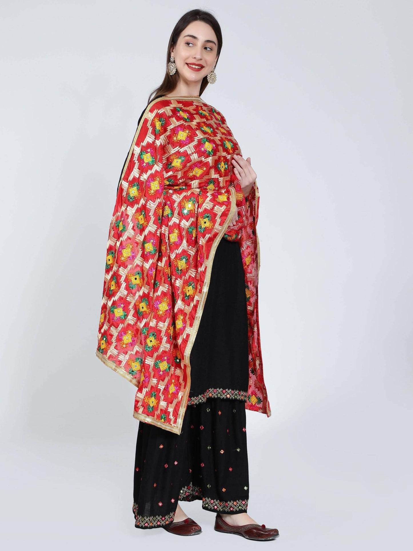 Red Phulkari dupatta (multicolor designs) - HalfPe