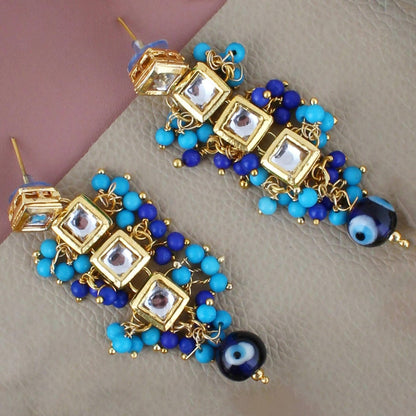 LUCKY JEWELLERY Back Meenakari 18k Gold Plated Blue Color Tika Earring Combo Uncut Big Faux Kundan Choker Necklace set (990-J5SK-1664-EE) - HalfPe