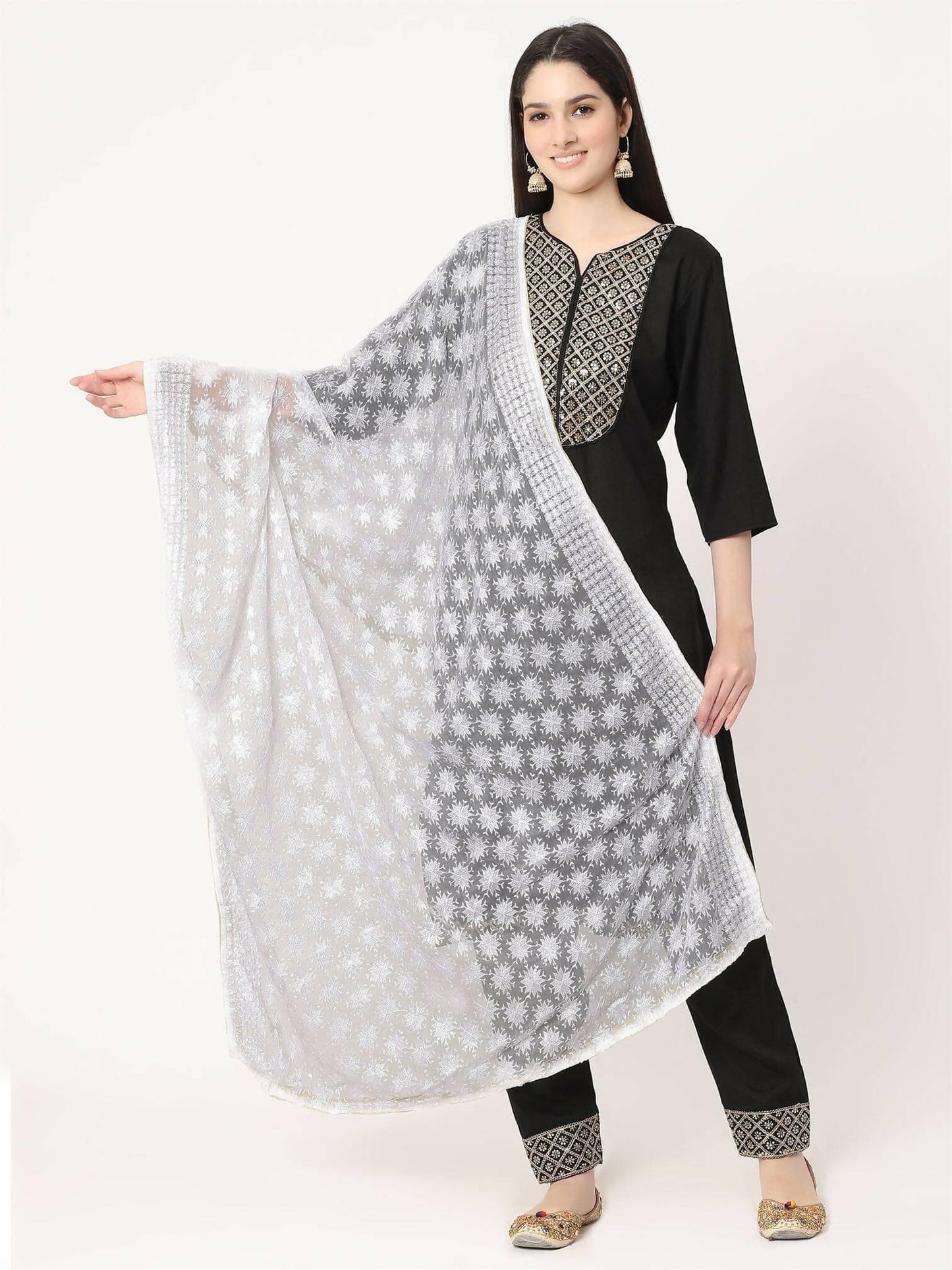 White Sequined Phulkari Embroidery Dupatta - HalfPe