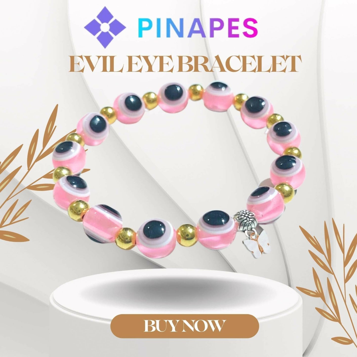 Pinapes white Butterfly Beads and Evil Eye Charm Bracelet for Women (pink) - HalfPe