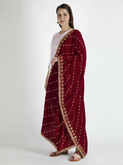 Maroon Embroidered Velvet Shawl Dupatta - HalfPe