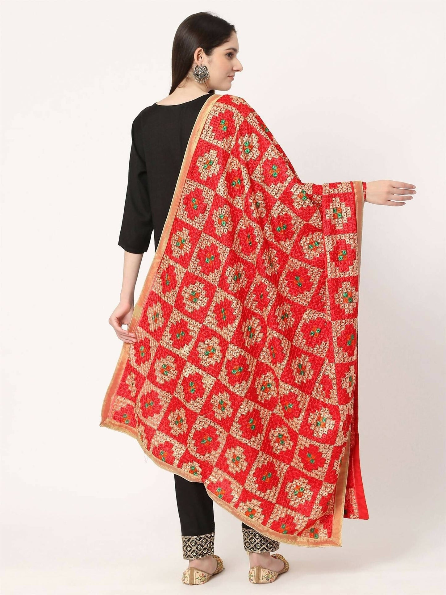 Red Multicolour Embroidery Phulkari Dupatta - HalfPe