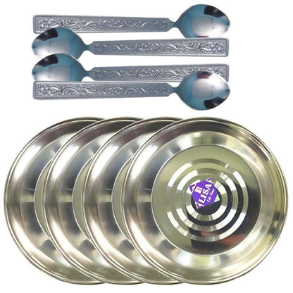 SHINI LIFESTYLE Stainless Steel Laser Design Halwa Plate with Spoon Set (8) - HalfPe