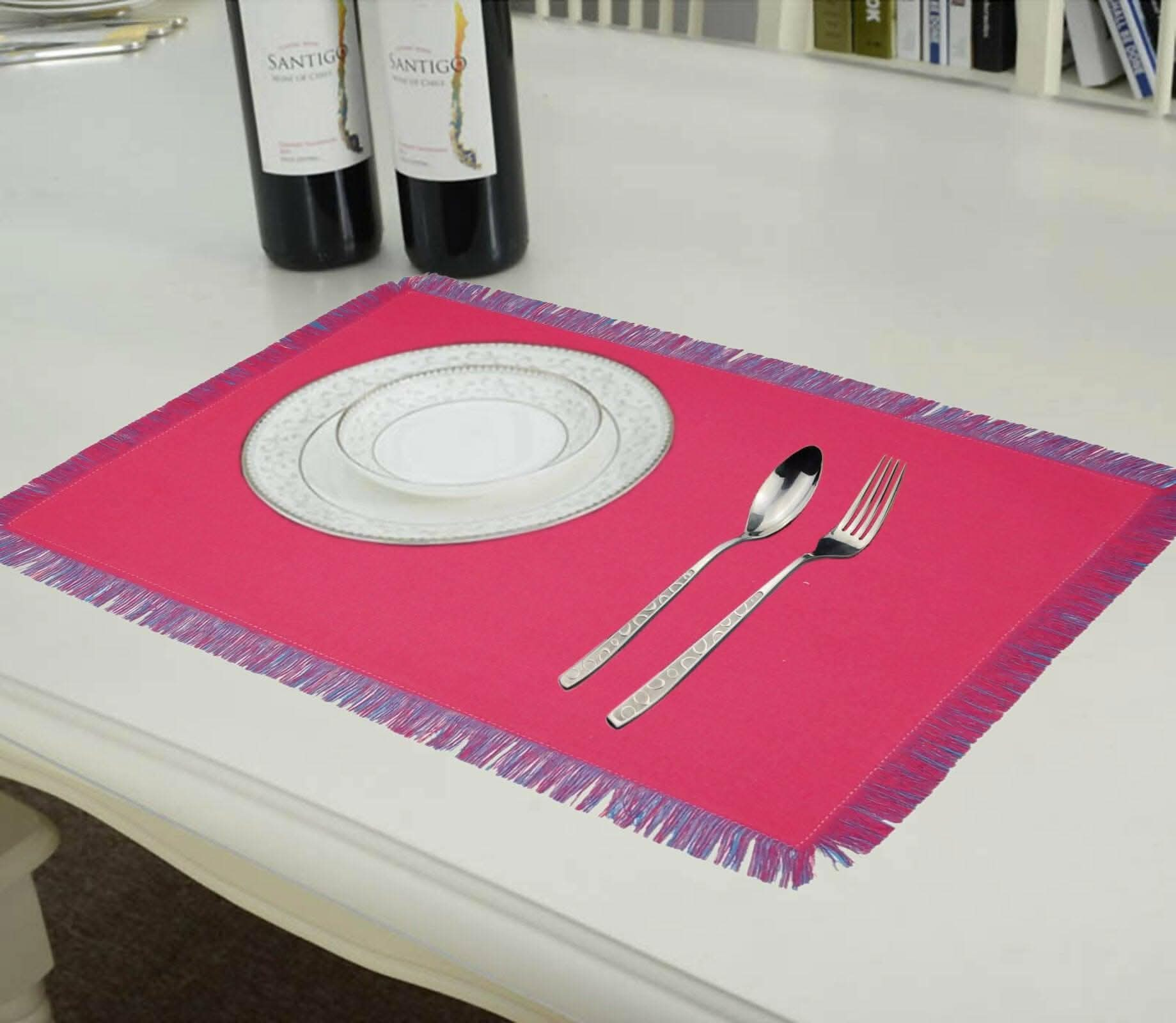 Lushomes dining table mats 6 pieces, Reversible Fancy Fringe dining table mat, dining table accessories for home, kitchen accessories items, Blue and Pink (13 x 19 Inches, Pack of 6) - HalfPe