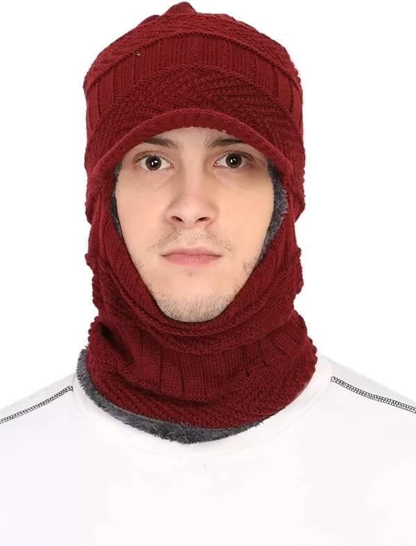 Red unisex acrylic woolen balaclava, beanie/skull cap & muffler for winters with faux fur lining - HalfPe