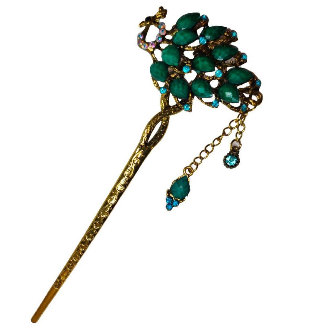 SENECIO Retro Peacock Tassel Vintage Look Carved Pattern Hair Stick - Turquoise, Unique Bridal Collection - HalfPe