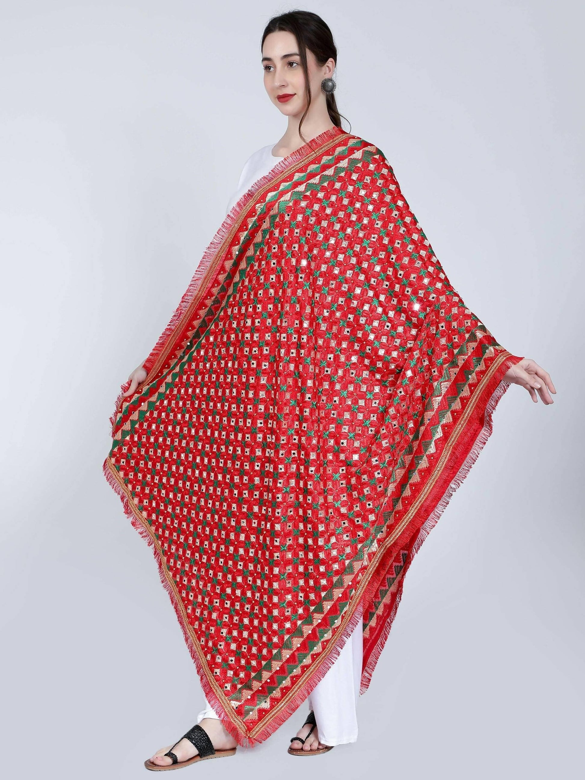 Phulkari Dupatta with Beads (Red and Green ) - HalfPe