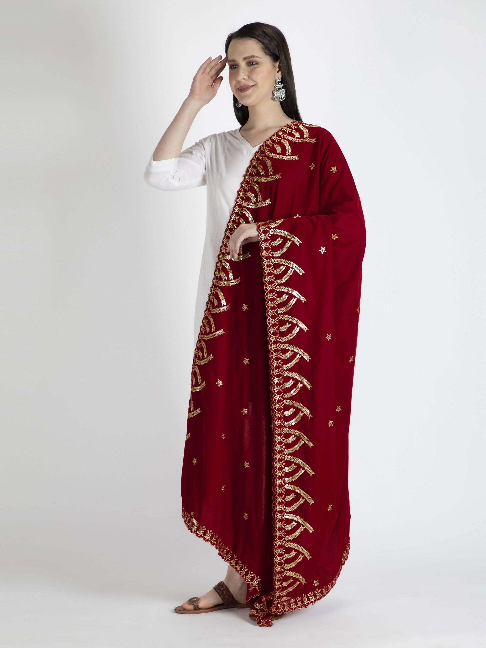 Embroidered Velvet Shawl Dupatta(Red) - HalfPe