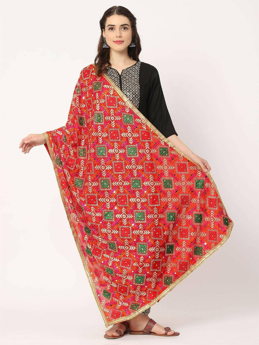 Red Multicolour Embroidery Phulkari Dupatta - HalfPe