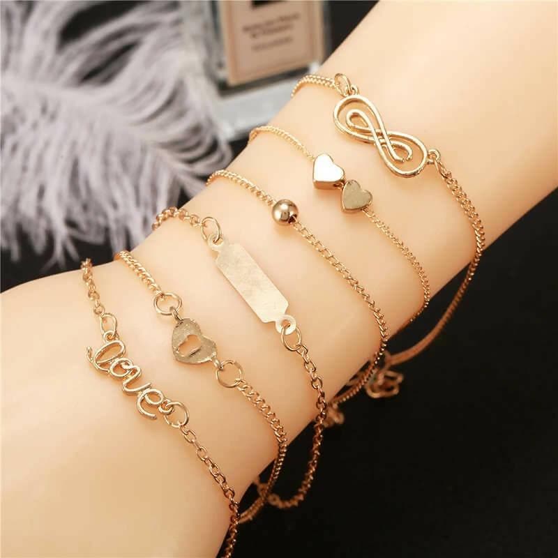 Pinapes Bohemian 6pcs Bracelet on Leg Heart Love Bar Infinity Foot Chain Ankle Beach Jewelry - HalfPe