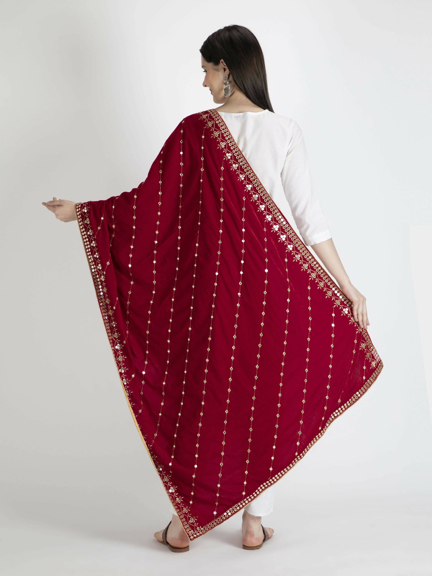 Red Embroidered Velvet Shawl Dupatta - HalfPe