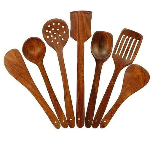 Combo of Wooden Belan & 7 Wooden cooking Tools Handmade - HalfPe