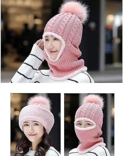 Woven Women And Girls Warm Winter Knitted Hats Add Fur Lined That Cover Face With Attached Neck Cover And Mask, Warmer Balaclava Pompoms Cap - HalfPe