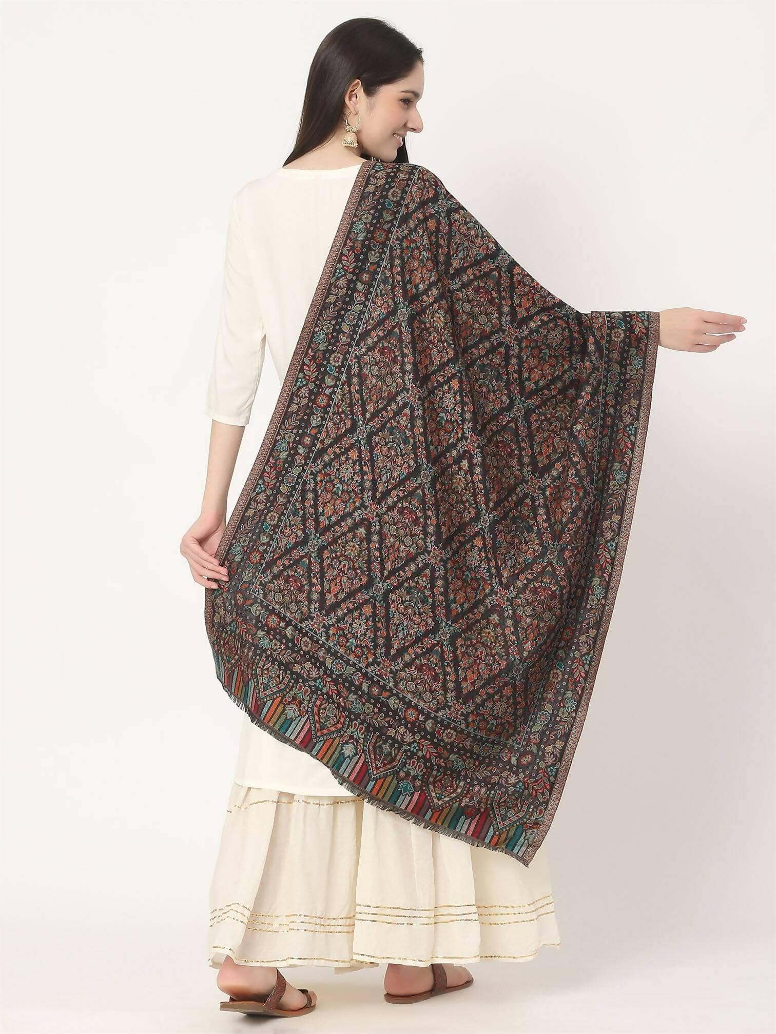 Black Wool Soft Multiweave Kani Stole for women - HalfPe