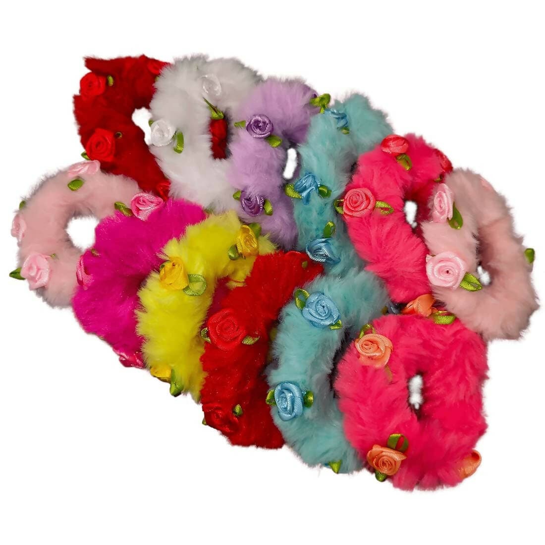 SENECIO Lovely Rose Fluffy Fur Soft Multicolor Rubber Band Hair Tie Scrunchies (12Pc Set) - HalfPe