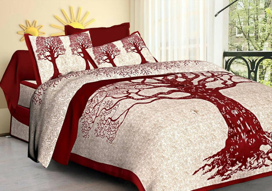 Jaipuri traditional Tribal Maroon Tree Design queen size cotton bedsheet with two pillow cover - HalfPe