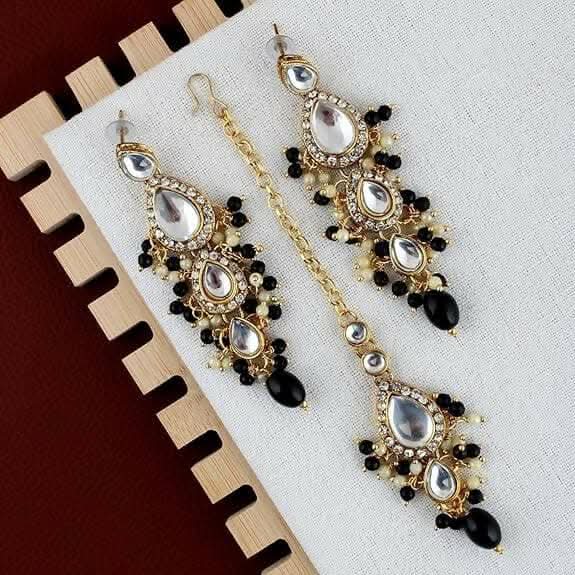 LUCKY JEWELLERY Gold Plated White Black Color Tika Earring Necklace Combo Kundan Jewellery Set - HalfPe