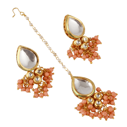 LUCKY JEWELLERY Back Meenakari 18k Gold Plated Peach Color Tika Earring Combo Uncut Big Faux Kundan Choker Necklace set - HalfPe