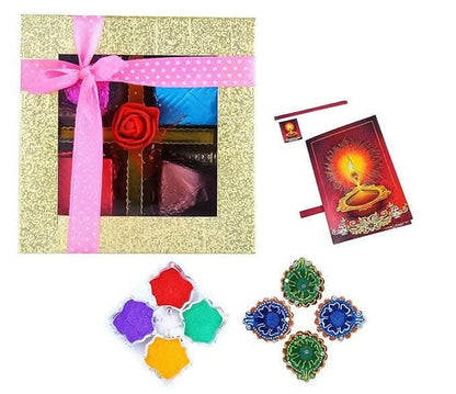 Mantouss Cute Diwali Chocolate Hamper+ 2 earthern Diya, Diwali Greeting Card and Rangoli Colours - HalfPe