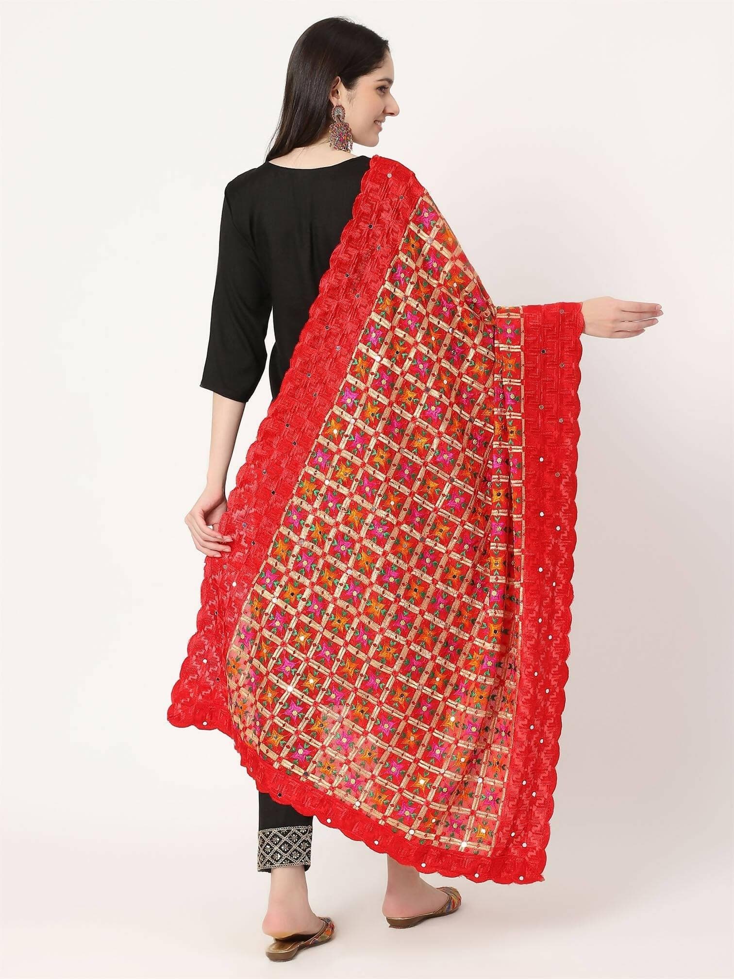 Red Multicolour Chiffon Phulkari Embroidery Dupatta - HalfPe