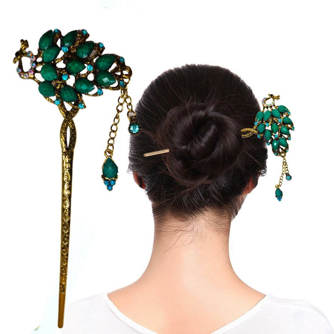 SENECIO Retro Peacock Tassel Vintage Look Carved Pattern Hair Stick - Turquoise, Unique Bridal Collection - HalfPe