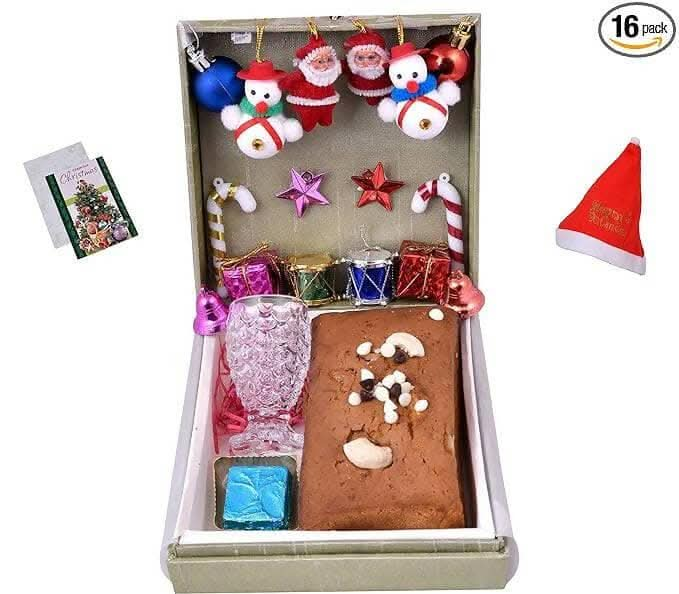 MANTOUSS Christmas Cake Gift Box(200gms)+1 Shot Glass + Christmas Card + Christmas Tree Decoration Set + Santa Cap - HalfPe