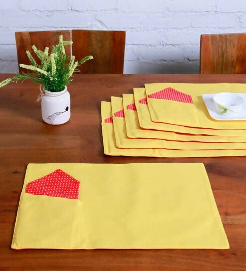 Lushomes table mat and napkins for dining table Set of 12, Fancy Table Mats Online with Pocket and Printed Cloth Napkins, Yellow and Red (6 Pc Placemats,13x19 Inces + 6 Pcs of Napkins, 16x16 Inches) - HalfPe