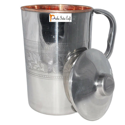 Prisha India Craft Steel Copper Jug Pitcher, Embossed Design, Capacity 1600 ML - HalfPe