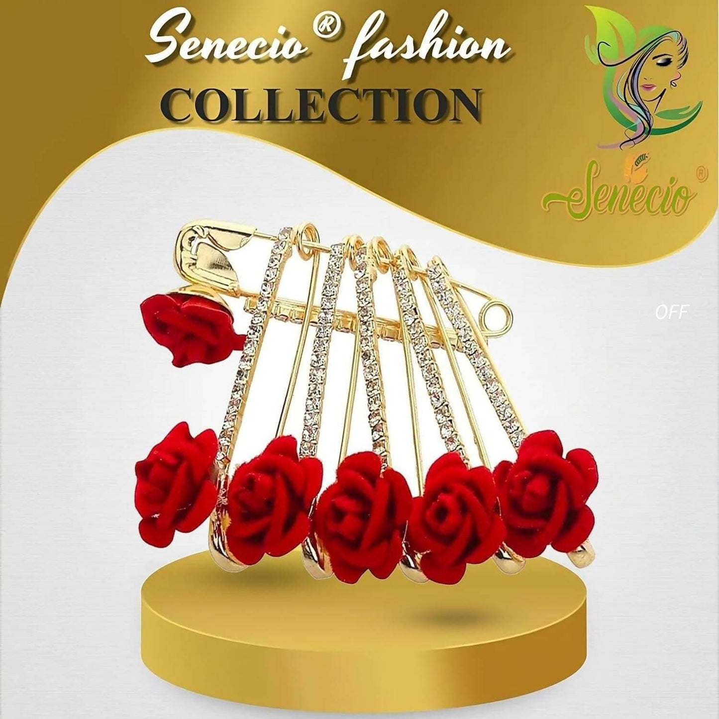 SENECIO Golden Diamond Crystal Studded Floral Romantic Love Brooch Safety Pin Hair Clip Hijab Saree Pin Combo Set For Girls & Women ( 6pcs Red Rose) - HalfPe