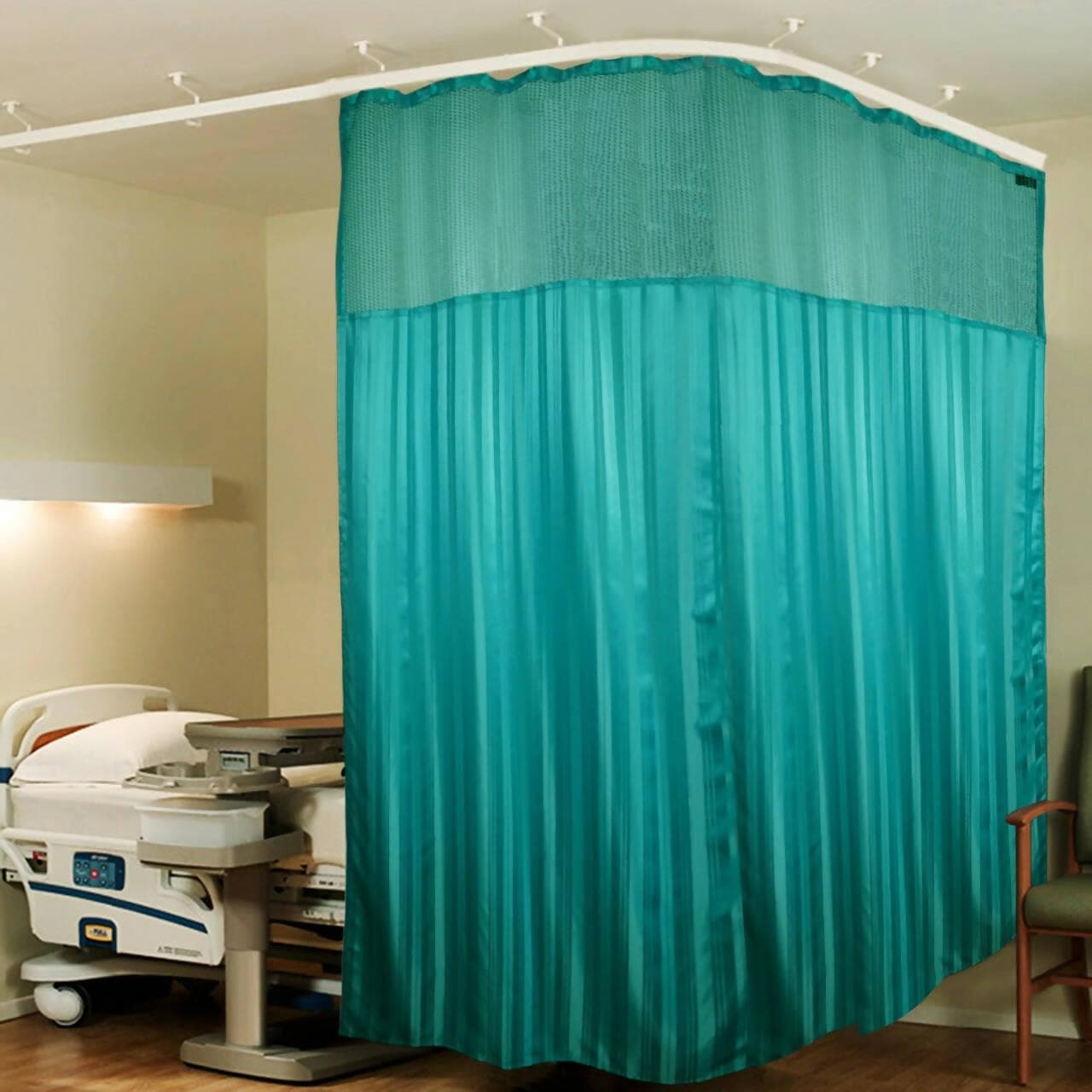 Hospital Partition Curtains, Clinic Curtains Size 8 FT W x 7 ft H, Channel Curtains with Net Fabric, 100% polyester 16 Rustfree Metal Eyelets 16 Plastic Hook, Dark Green, (8x7 FT) - HalfPe