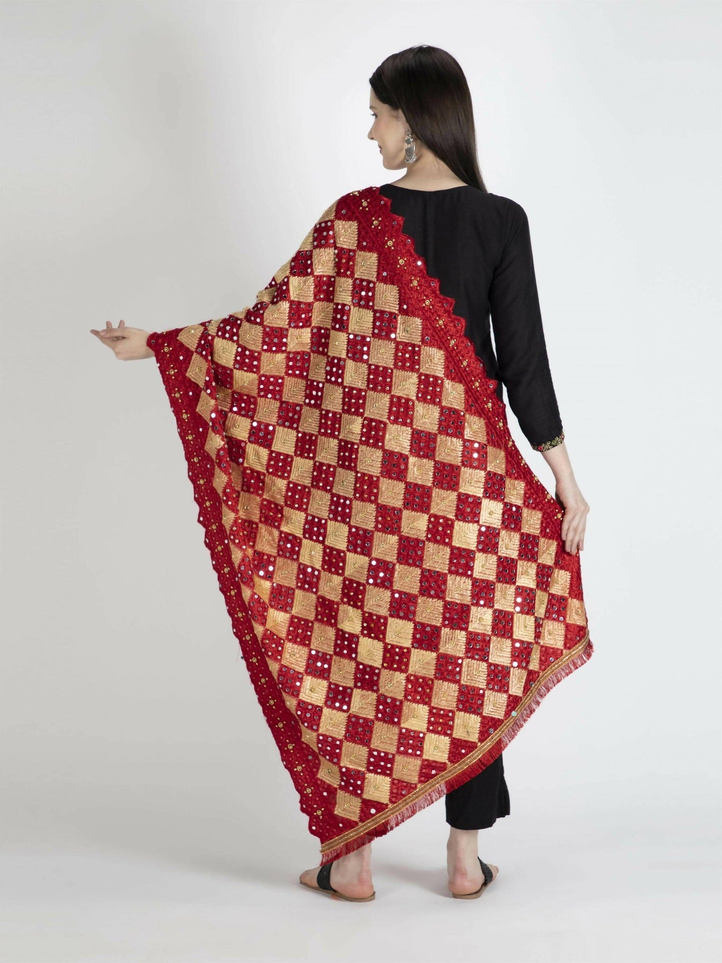 Phulkari Dupatta with Mirror Work (red) - HalfPe