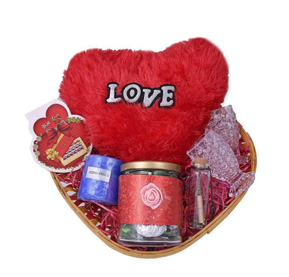 MANTOUSS Valentines Day Gift for Girlfriend/boy Friend/Valentines Day Gift Hamper-Decorated Basket+Jar of Chocolate+Fur Heart+2 Shot Glasses+Scented Candle+Valentines Day Card+Love Message Bottle - HalfPe