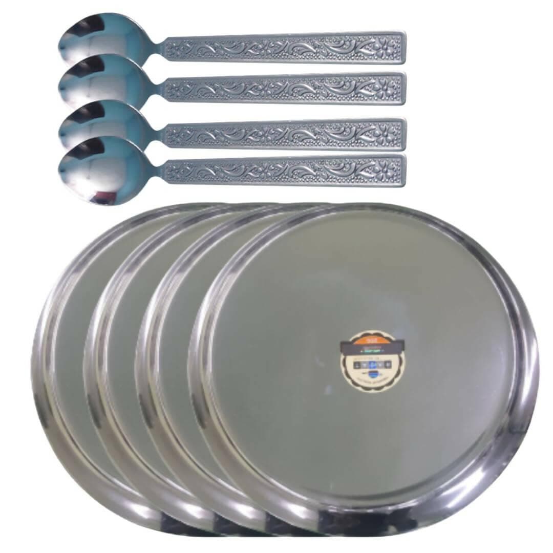 SHINI LIFESTYLE Stainless Steel Supreme Quality Dinner Plate 4pc with Spoon Set Dinner Plate (Pack of 4) - HalfPe