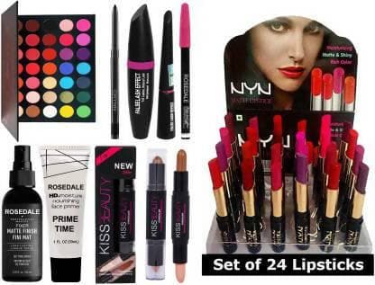 Crynn Rosedale 3in1 Eyeliner Mascara Eyebrow Nude Rose Contour Fixer Lipstick Eyeshadow & Glazed Beauty Color Studio Eyeshadow Palette (7 Items in the set) - HalfPe