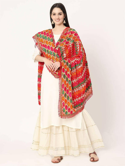 Red Multicolour Embroidery Phulkari Dupatta with Mirror - HalfPe